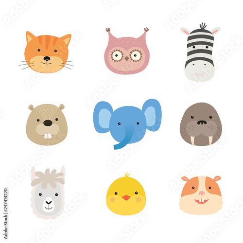 Faces of cute animals. Elephant, hamster, Zebra, cat, chicken, beaver, owl, llama, walrus.