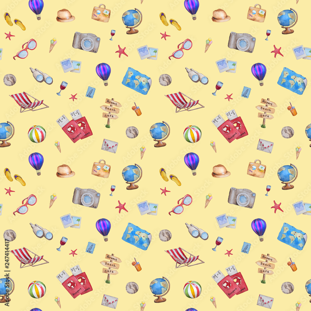Watercolor pattern of tourism and travel theme Watercolor pattern of tourism and travel theme