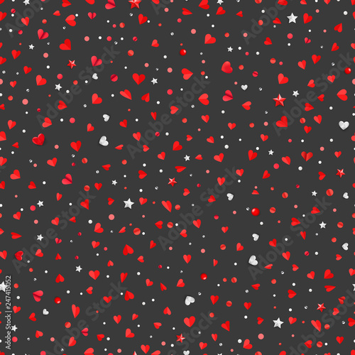 Valentines day abstract seamless background with red white and silver confetti laying on a dark floor