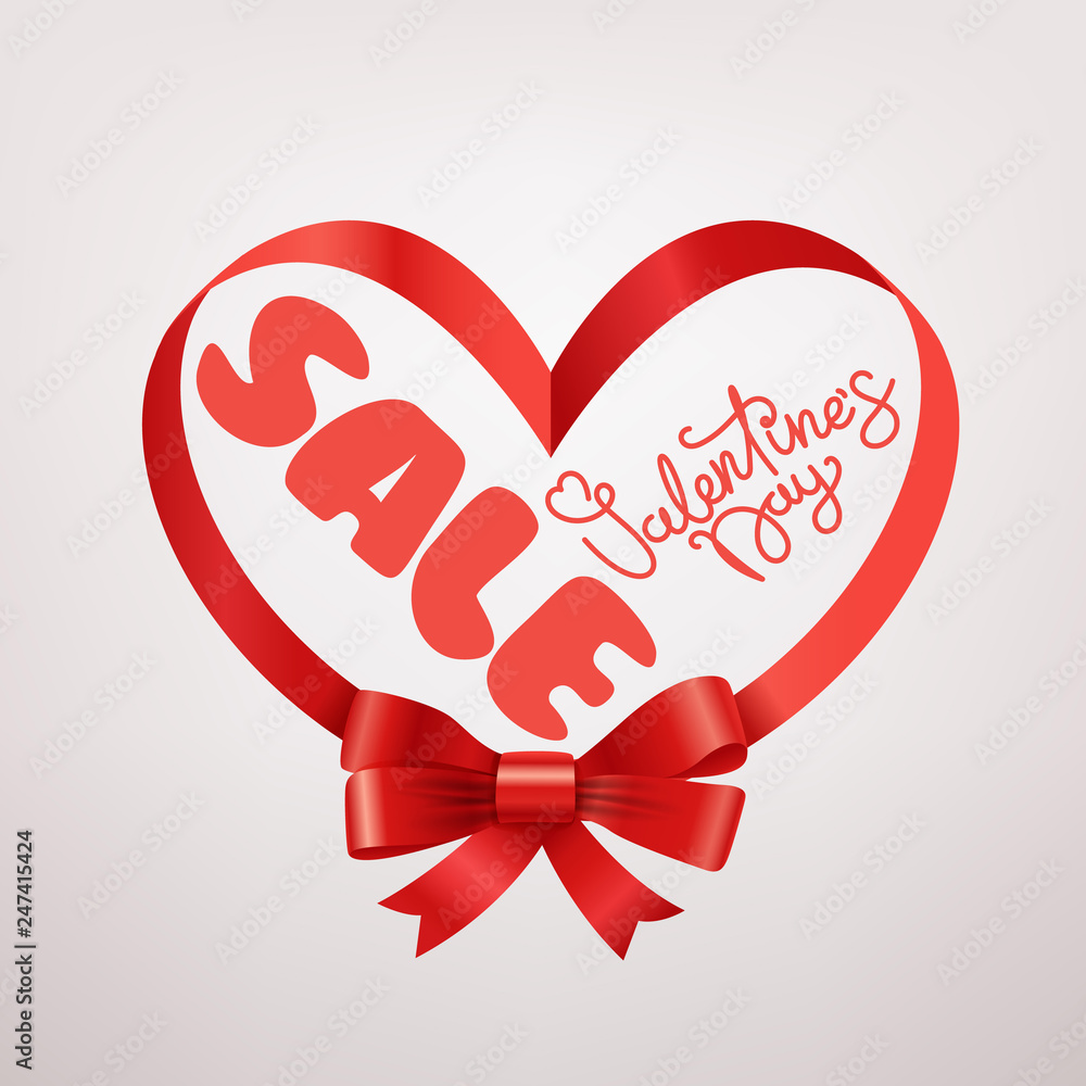 Valentines day sale card. Frame with red ribbon. Vector illustration