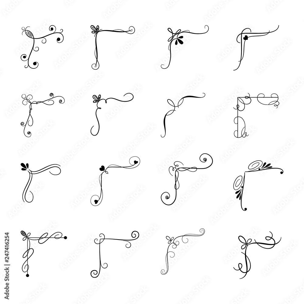 Collection of corners. Big set of ornament decorative lines with hearts and  swirls. Elegant classic graphics. Vector illustration. Stock Vector | Adobe  Stock