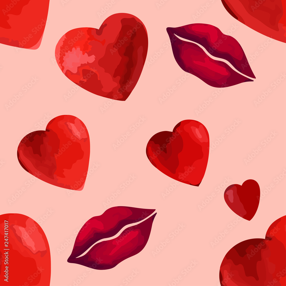 Fototapeta premium Vector red heart and lips background wedding romance Seamless pattern