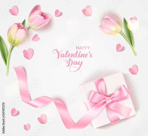 Happy Valentine's Day. Holiday design template. Vector background with decorative white gift box, pink tulip and paper heart. Vector illustration