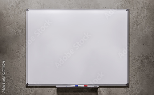 Business presentation office empty white board with marker pens on old weathered concrete wall background mockup