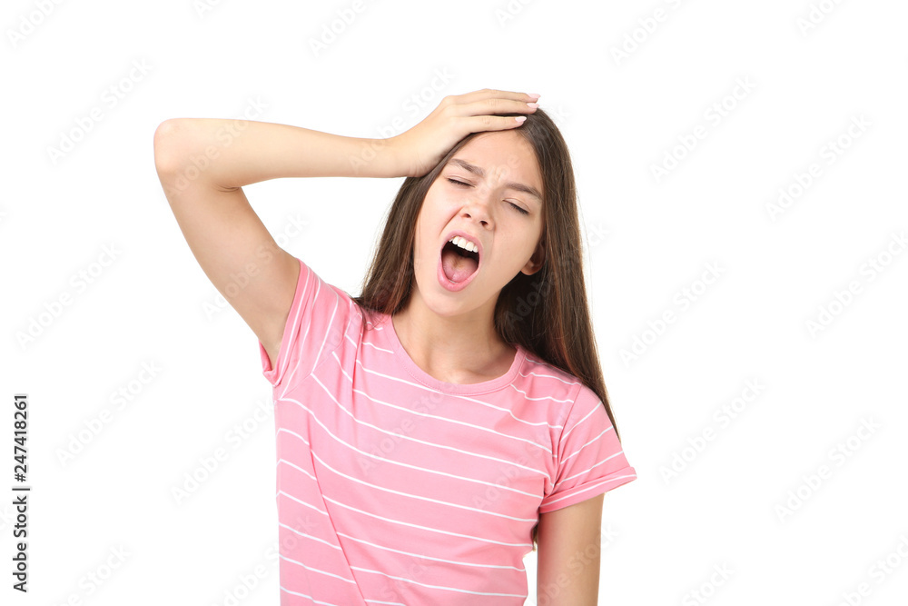 Young girl having headache on white background Young girl having headache on white background
