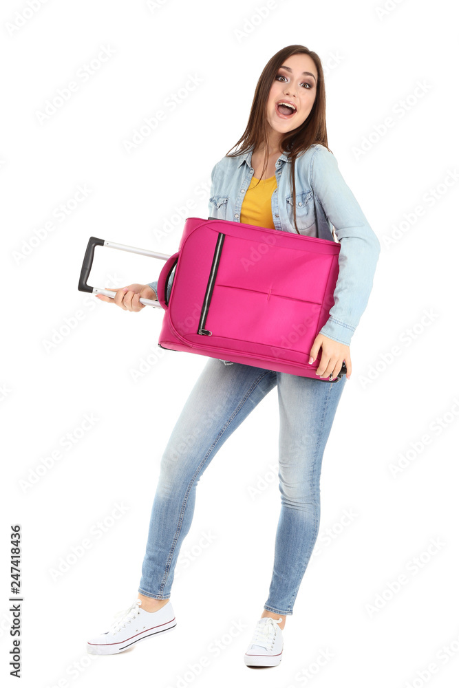 Young girl with suitcase isolated on white background Young girl with suitcase isolated on white background