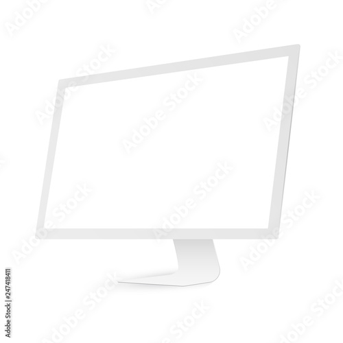 Side view  of white desktop computer display screen. Computer display isolated on white backround.