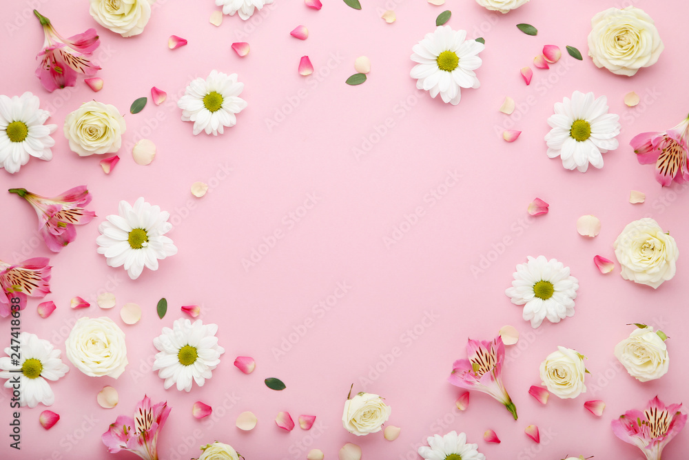 Chrysanthemum, rose and alstroemeria flowers on pink background