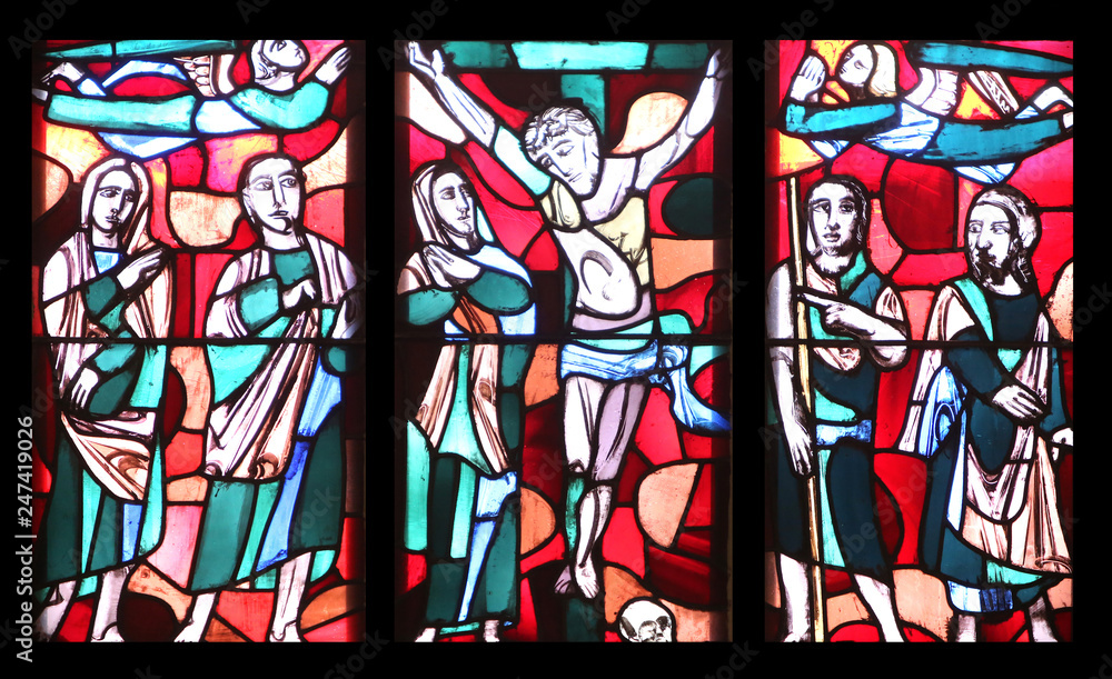 Crucifixion, stained glass window in Basilica of St. Vitus in Ellwangen, Germany