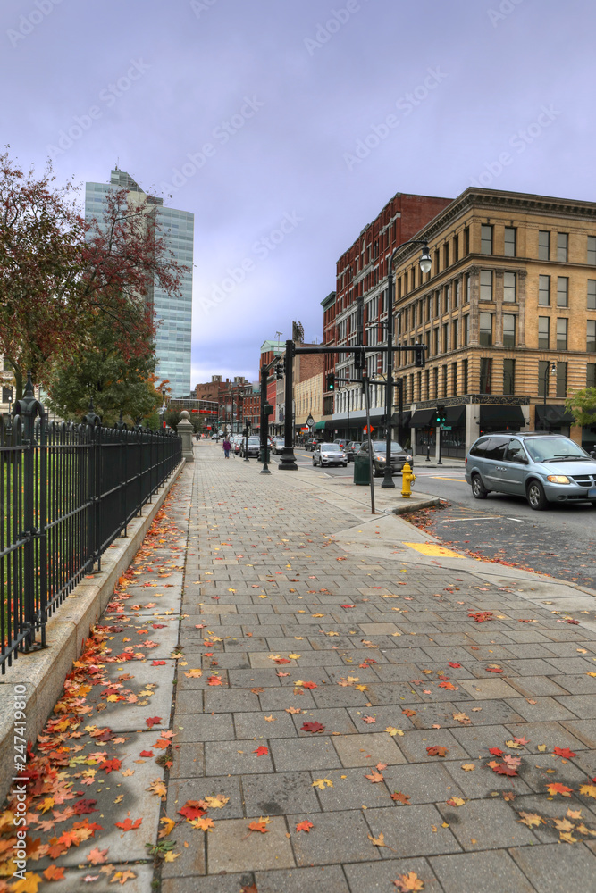 Vertical of street scene in Worcester, Massachusetts