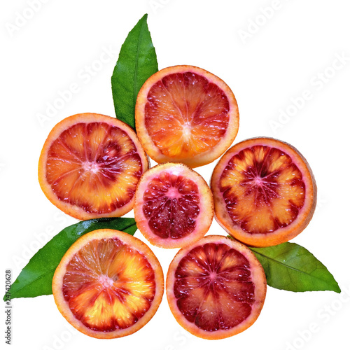 Blood orange slice with leaf top view isolated