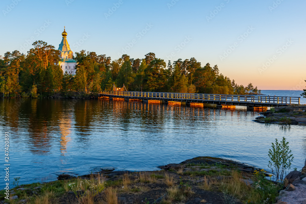 St. Nicholas Skete in the morning sunlight. The wonderful island Valaam is located on Lake Lodozhskoye, Karelia. Balaam - a step to heaven