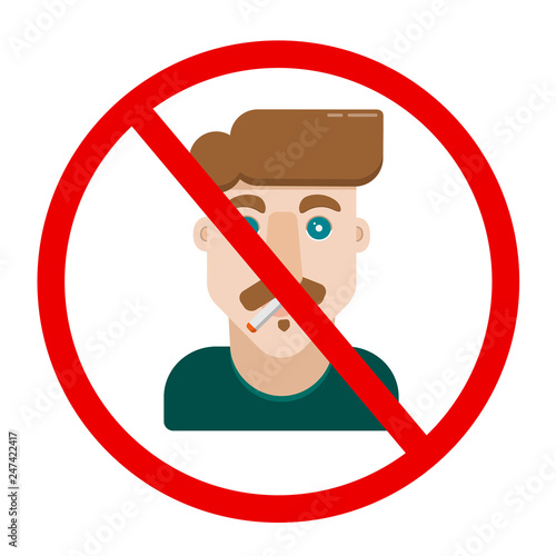 A man with a cigarette. No smoking. Vector illustration in red sign.