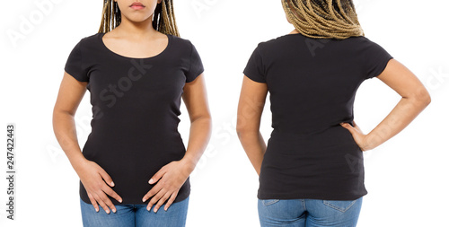 Black shirts set. Summer t shirt design and close up of young afro american woman in blank template t-shirt. Mock up. Copy space. front and back view.