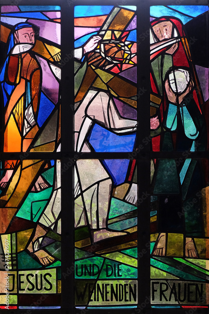 8th Stations of the Cross, Jesus meets the daughters of Jerusalem, stained glass window in Saint Lawrence church in Kleinostheim, Germany