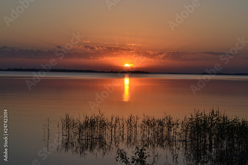 Unusual bright sunset on the Volga River