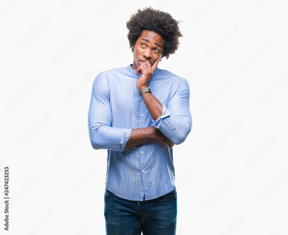 Afro american man over isolated background thinking looking tired and bored with depression problems with crossed arms. Afro american man over isolated background thinking looking tired and bored with depression problems with crossed arms.