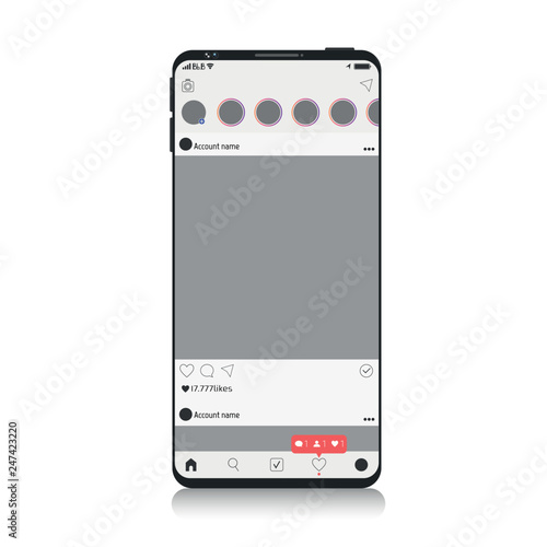 New Mock up of social network on Smartphone, mobile realistic style. Flat design Photo frame vector illustration white background. Instagram Style. EPS 10 photo