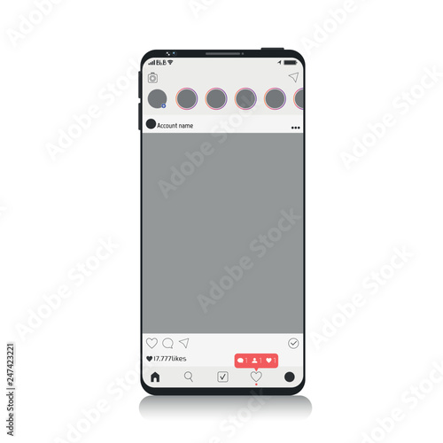 New Mock up of social network on Smartphone, mobile realistic style. Flat design Photo frame vector illustration white background. Instagram Style. EPS 10