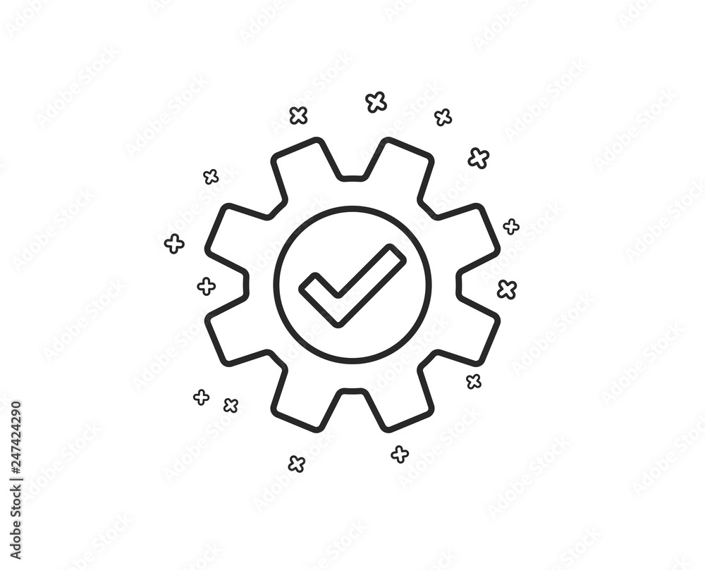 Cogwheel line icon. Approved Service sign. Transmission Rotation Mechanism symbol. Geometric shapes. Random cross elements. Linear Service icon design. Vector Cogwheel line icon. Approved Service sign. Transmission Rotation Mechanism symbol. Geometric shapes. Random cross elements. Linear Service icon design. Vector