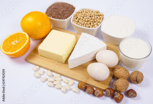 Food products containing a large amount of calcium isolated on white background.