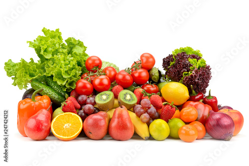 Variety healthy fruits  vegetables  berries isolated on white