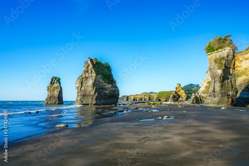 on the beach, 3 sisters and elephant rock, new zealand 12