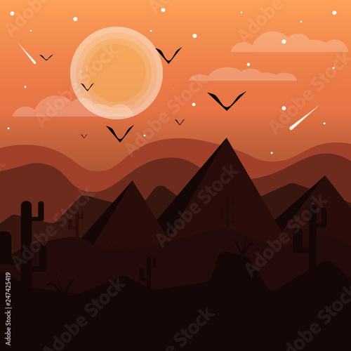 Desert Landscape Flat Design. The power of sunset or sunrise in the desert. Pyramids at sunset. Simple multicolored texture. Vector illustration. 