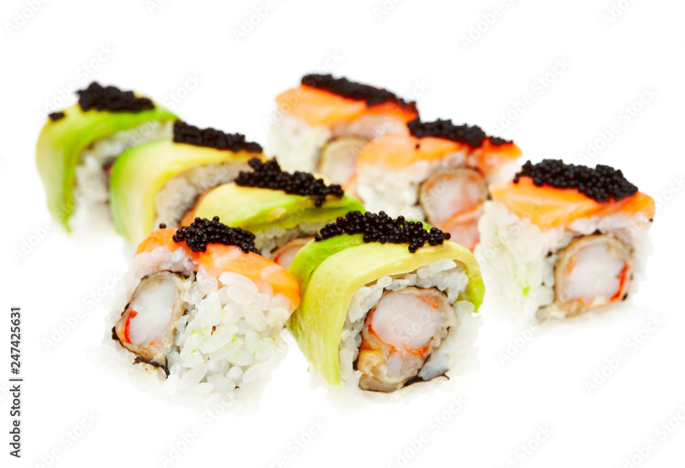Japanese cuisine. Salmon sushi roll with rise isolated on white Japanese cuisine. Salmon sushi roll with rise isolated on white