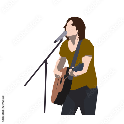 Guitar player singing song, flat design musician playing guitar. Isolated geometric vector illustration