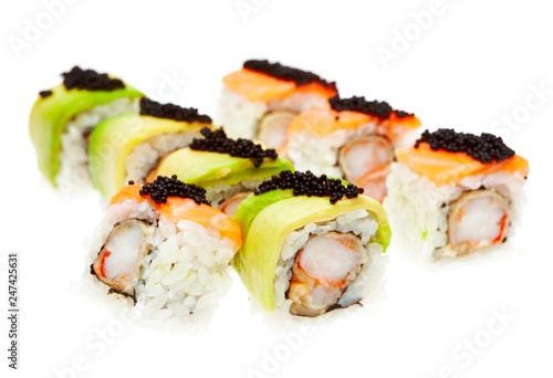 Japanese cuisine. Salmon sushi roll with rise isolated on white