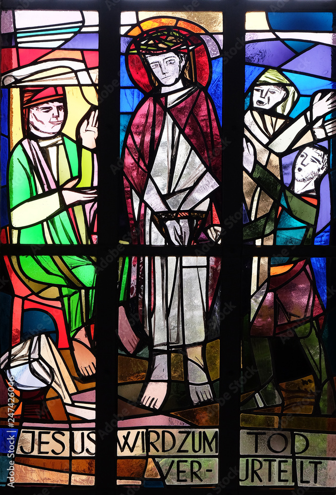1st Stations of the Cross, Jesus is condemned to death, stained glass window in Saint Lawrence church in Kleinostheim, Germany 