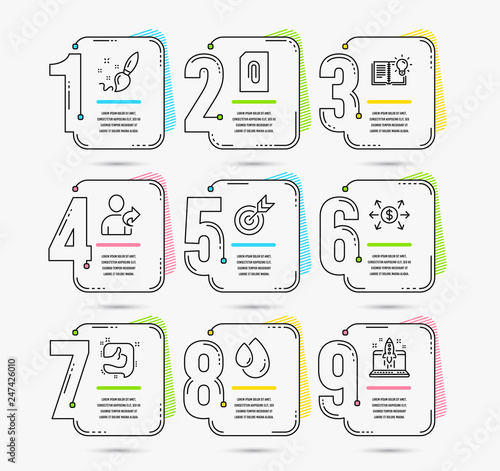 Infographic template with numbers 9 options. Set of Target, Dollar exchange and Oil drop icons. Paint brush, Attachment and Like signs. Product knowledge, Refer friend and Start business symbols