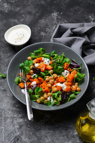Healthy Vegetarian Salad, Roasted Pumpkin and Chickpea Salad in a Bowl