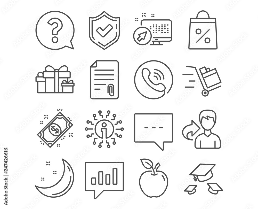 Set of Holiday presents, Blog and Question mark icons. Attachment, Throw hats and Push cart signs. Payment, Shopping bag and Analytical chat symbols. Gift boxes, Chat message, Help support. Vector Set of Holiday presents, Blog and Question mark icons. Attachment, Throw hats and Push cart signs. Payment, Shopping bag and Analytical chat symbols. Gift boxes, Chat message, Help support. Vector
