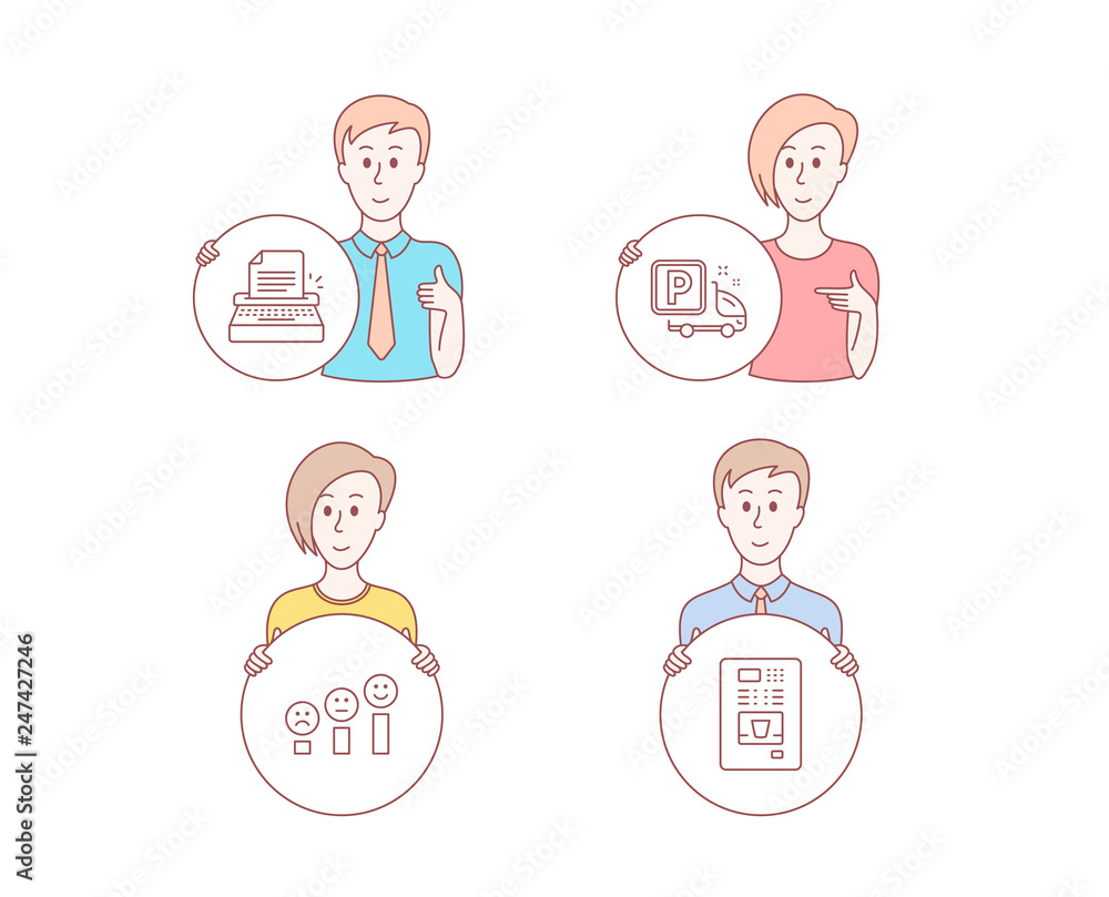 People hand drawn style. Set of Customer satisfaction, Truck parking and Typewriter icons. Coffee vending sign. Happy smile chart, Free park, Writer machine. Coffee vending machine. Vector People hand drawn style. Set of Customer satisfaction, Truck parking and Typewriter icons. Coffee vending sign. Happy smile chart, Free park, Writer machine. Coffee vending machine. Vector