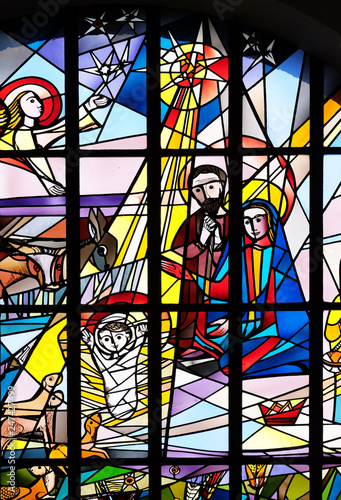 Nativity Scene, stained glass window in the Saint Lawrence church in Kleinostheim, Germany