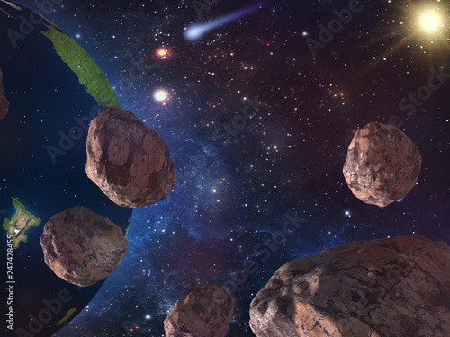 Large Asteroids approaching Earth. Elements of this image furnished by NASA