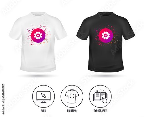 T-shirt mock up template. Service icon. Cogwheel with tick sign. Check symbol. Realistic shirt mockup design. Printing, typography icon. Vector