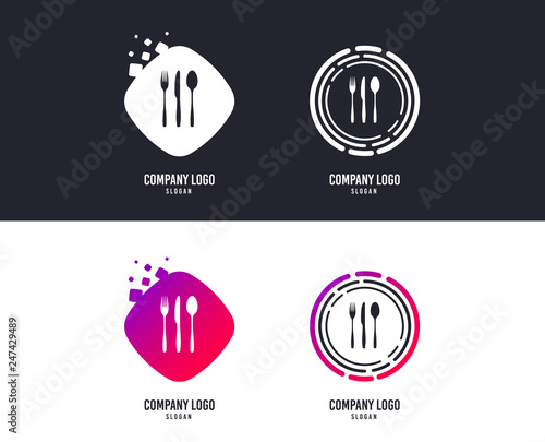 Logotype concept. Fork, knife, tablespoon sign icon. Cutlery collection set symbol. Logo design. Colorful buttons with icons. Vector