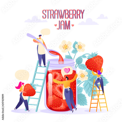 Concept of jam production. Happy flat people character making tasty, handmade organic strawberry jam in a large glass jar. Woman picks strawberries. Man pouring jam into jar. Flat, cartoon, vector.