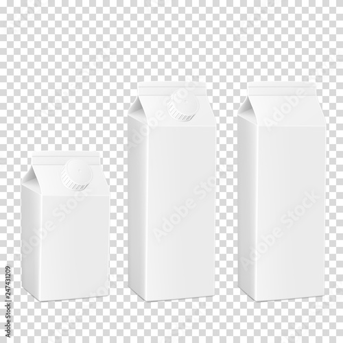 White cardboard package set for beverage, juice and milk, isolated.