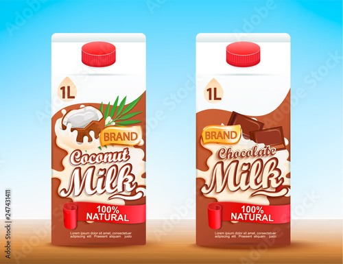 Set of 2 milk packagings with different tastes.Fresh and natural coconut and chocolate milk for your brand, logo,  template,  label,  emblem for packaging,  packing,  advertise. Vector illustration