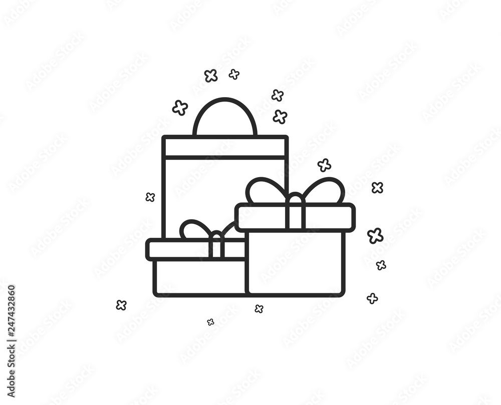 Gift boxes with bag line icon. Present or Sale sign. Birthday Shopping symbol. Package in Gift Wrap. Geometric shapes. Random cross elements. Linear Shopping icon design. Vector Gift boxes with bag line icon. Present or Sale sign. Birthday Shopping symbol. Package in Gift Wrap. Geometric shapes. Random cross elements. Linear Shopping icon design. Vector