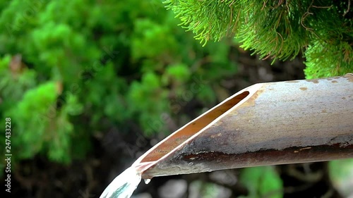 Japanese bamboo pipe hot spring water flowing into onsen pool motion footage.