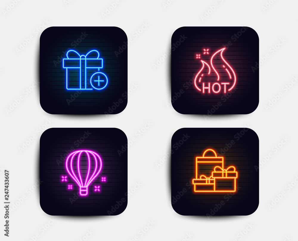 Neon glow lights. Set of Hot sale, Air balloon and Add gift icons. Shopping sign. Shopping flame, Sky travelling, Present box. Holiday packages. Neon icons. Glowing light banners. Vector Neon glow lights. Set of Hot sale, Air balloon and Add gift icons. Shopping sign. Shopping flame, Sky travelling, Present box. Holiday packages. Neon icons. Glowing light banners. Vector