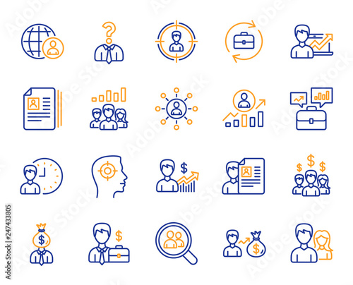 Human Resources, head hunting line icons. Business networking contract, Job Interview and Head Hunting contract icons. CV, Teamwork and Portfolio symbols. Business career, human, interview. Vector