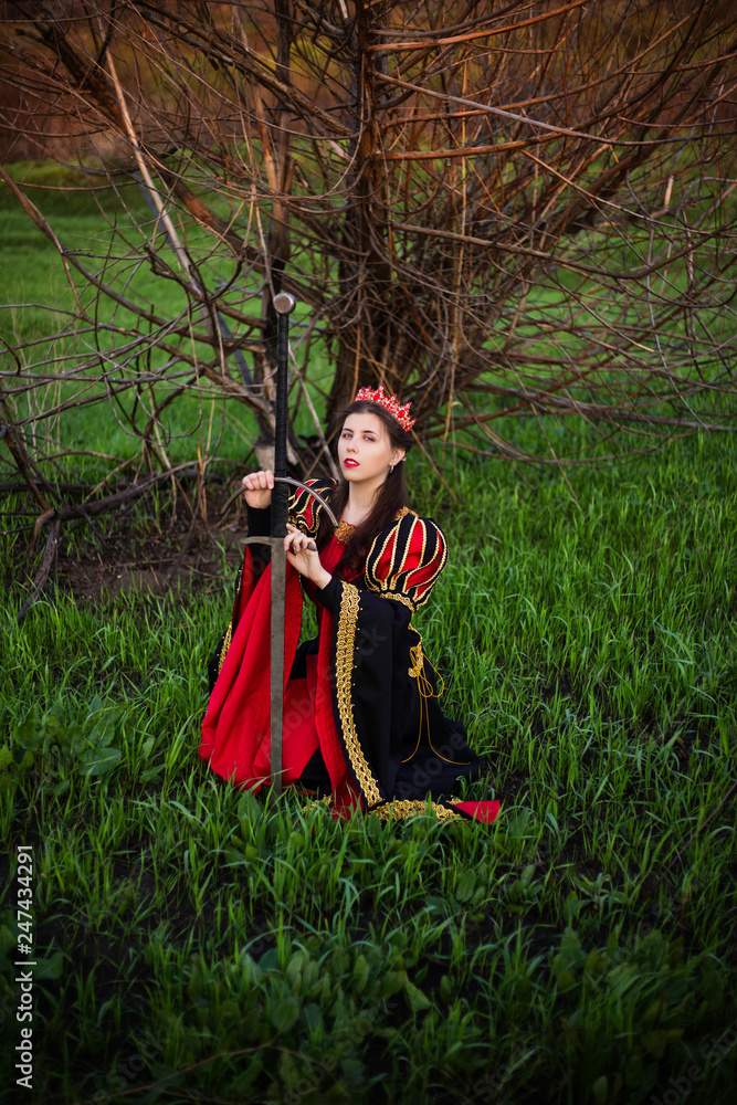 beautiful, young girl in a black and red medieval dress with a crown on her head and with a sword in her hands. On the background of a dry tree without leaves.