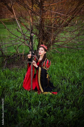 beautiful, young girl in a black and red medieval dress with a crown on her head and with a sword in her hands. On the background of a dry tree without leaves.