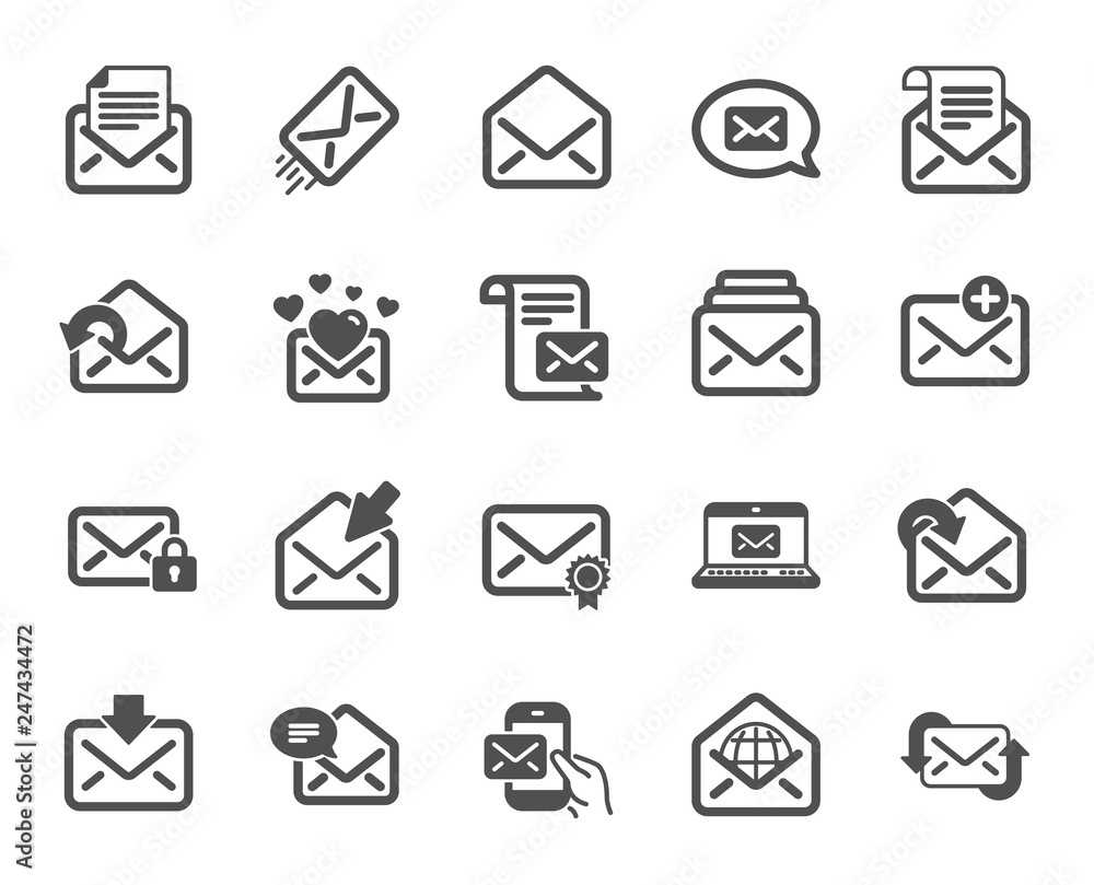 Vecteur Stock Mail message icons. Newsletter, Email document,  Correspondence icons. Received mail, Secure message and Web letter. Post  office newsletter, Send email document, private communication. Vector |  Adobe Stock